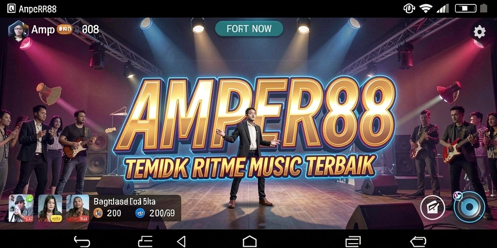 Screenshot gameplay AMPER88 menampilkan antarmuka interaktif dan lagu-lagu favorit.