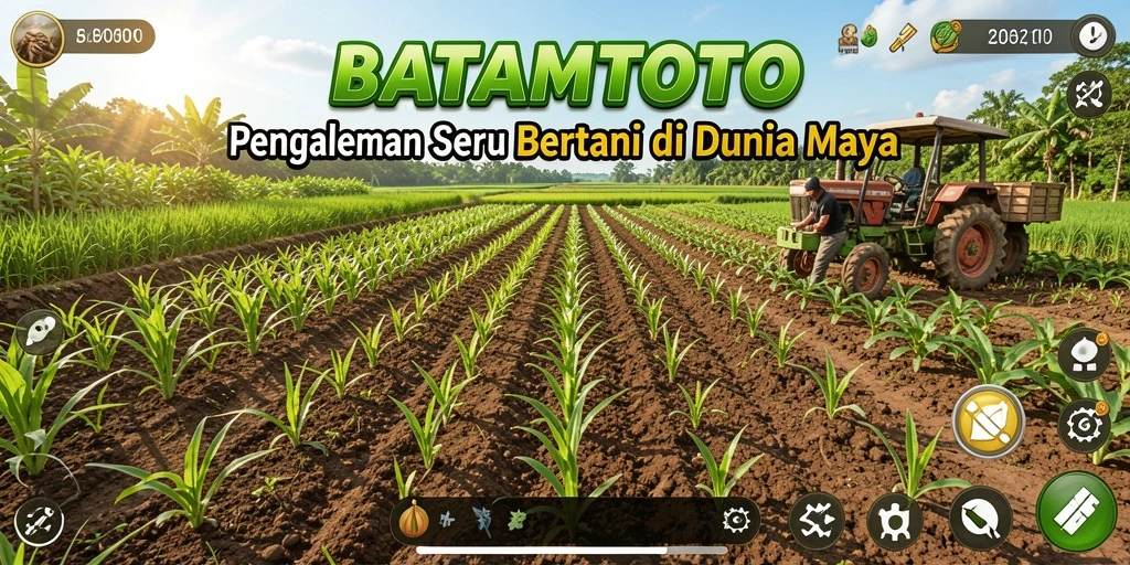 Screenshot gameplay BATAMTOTO menunjukkan ladang yang subur dan hewan ternak yang sehat.