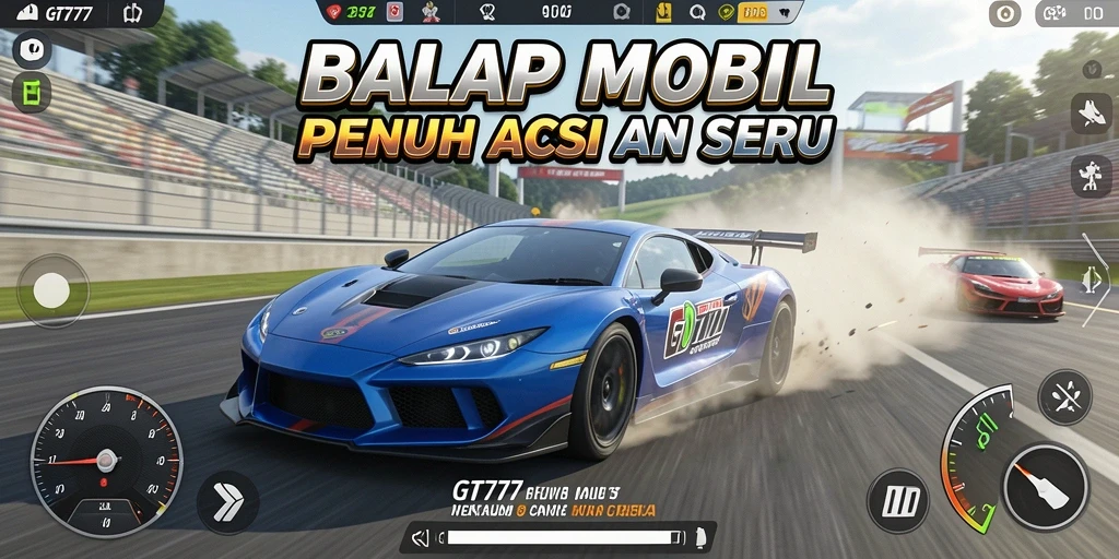 Screenshot gameplay GT777 yang menampilkan balapan menegangkan dan mobil kustom.