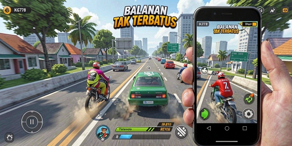 Screenshot menunjukkan aksi mendebarkan balapan KG778 di jalan yang menantang.