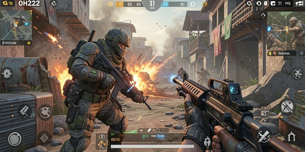 Tangkapan layar menunjukkan momen aksi seru dalam gameplay OH222 FPS.