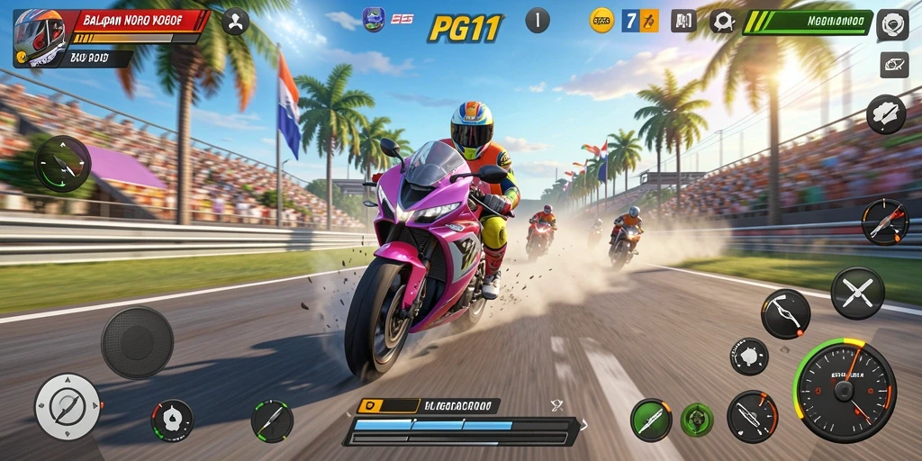 Screenshot PG11 menampilkan balapan motor yang menegangkan dan seru.