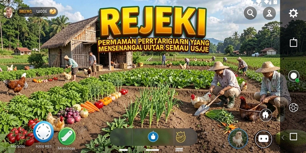 Tampilan gameplay seru dari REJEKI dengan ladang yang subur dan hewan lucu.