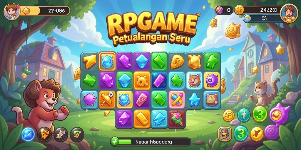 Tangkapan layar RPGAME menampilkan gameplay Match-3 yang penuh warna.