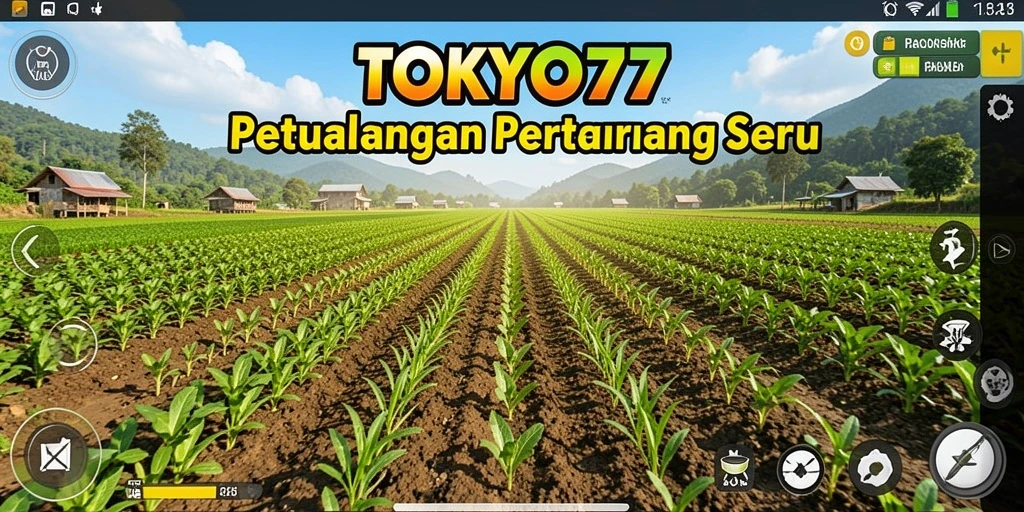 Tampilan gameplay <strong>TOKYO77</strong> dengan ladang subur dan hewan ternak yang bahagia.