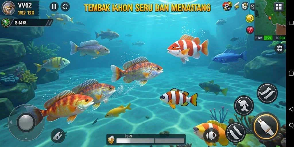 Screenshot gameplay VV62 menampilkan serunya menembak ikan.