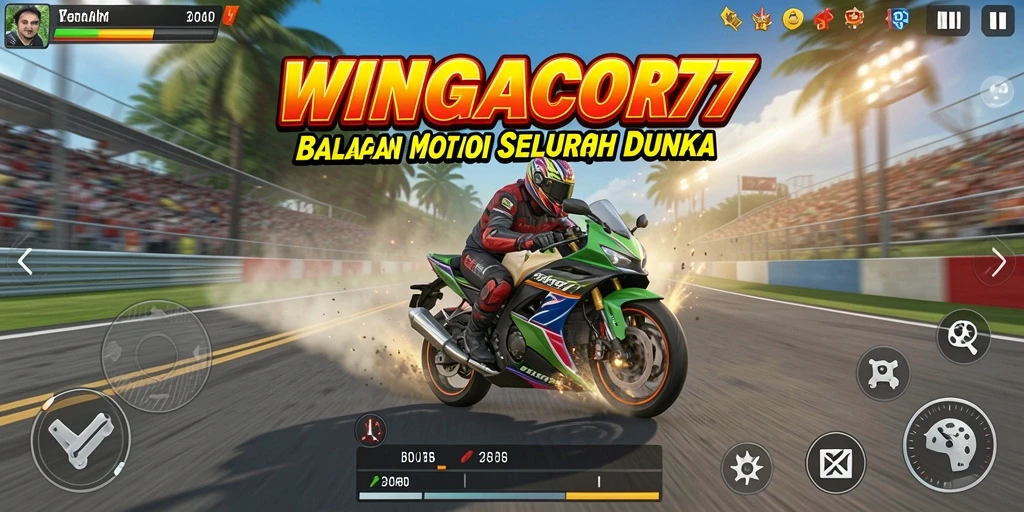 Tampilan gameplay mendebarkan dari WINGACOR77 di trek balapan.